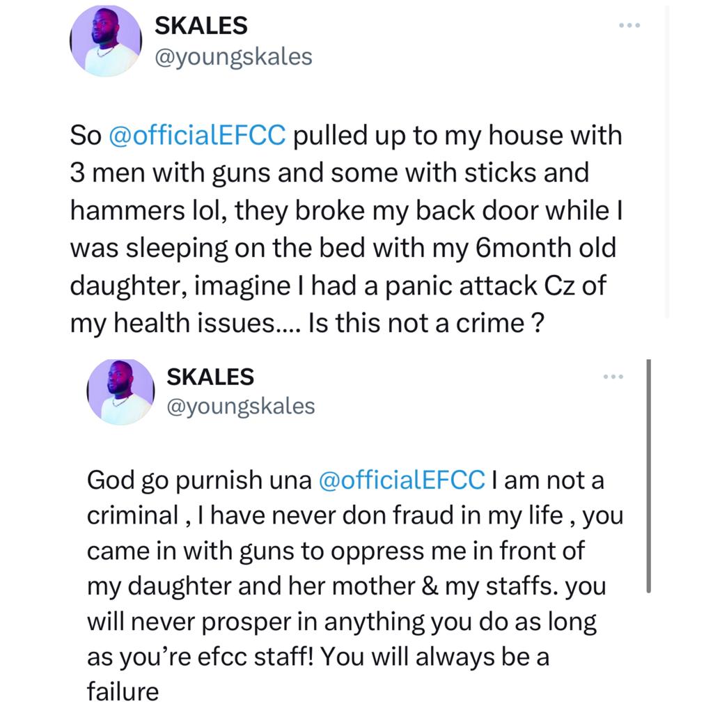 Singer Skales calls out suspected EFCC operatives for raiding his house in the early hours of today over fraud allegations